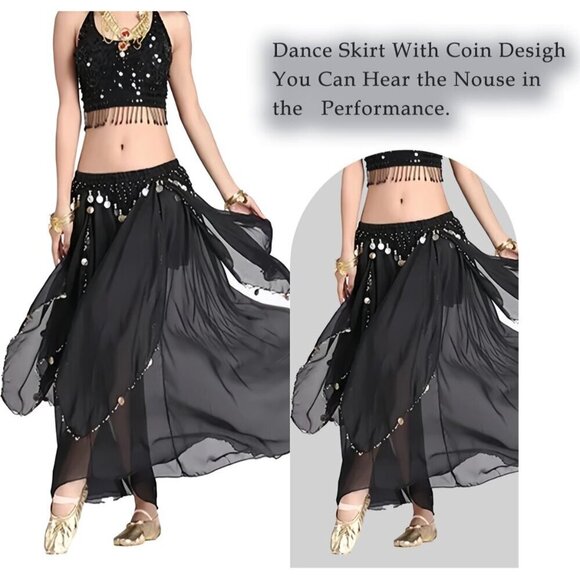 Women\'s Black Imported Chiffon Belly Dance Costume Indian Dance Skirt with Coins main image 7